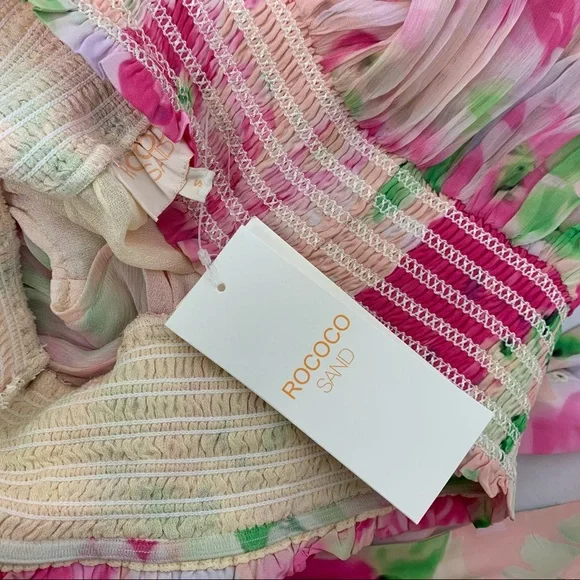 NWT Rococo Sand Alora Mini Off Shoulder Dress Floral Multi Pink Small - Picture 12 of 12